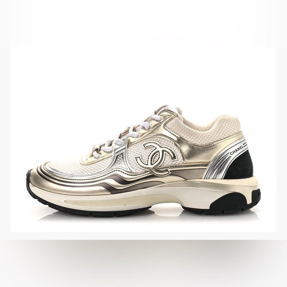 CHANEL Women's Metallic Gold and Cream Sneakers size 40.5